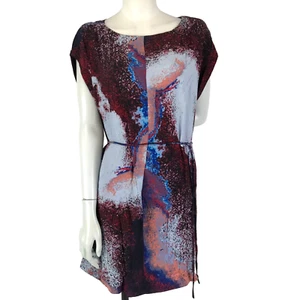 Country Road Dress Burgundy Size L 10 12 Light Blue Shift Tie Belt Silk Party - Picture 1 of 15