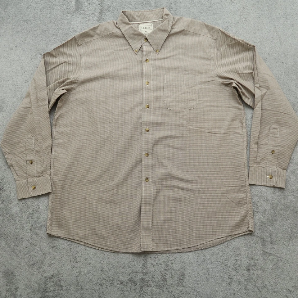 Camisa de vestir LL Bean para hombre XL 18-35 marrón a cuadros cuello abotonado manga larga Foto 1 de 4