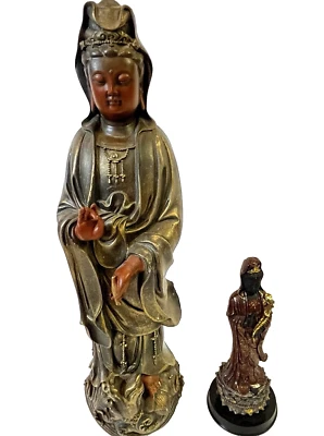 Guan Yin / Kuan Yin Figurine Guanshiyin Carved Kuan Asian Buddhism Wood Resin 2x - Image 1 of 4
