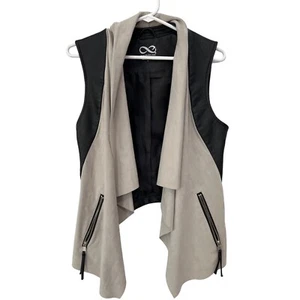 Blanc Noir Faux Leather Cardigan Vest Womens Small Zip Pockets Black Beige Moto - Picture 1 of 7
