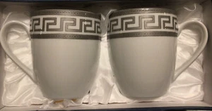 Euro Porcelain Set Of Two Tea Cups Coffee Mug Greek Key Drinkware Silver 12 Oz - Picture 1 of 4