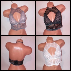 Victoria Secret Bralette Bra High Neck Lace Long Line Unlined Sheer Wire Free - Picture 1 of 8