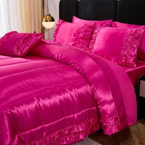 Luxury Silky Comforter Set with Sheet Set Queen 8 Pieces Hot Pink Bedding Set Si - Picture 1 of 9