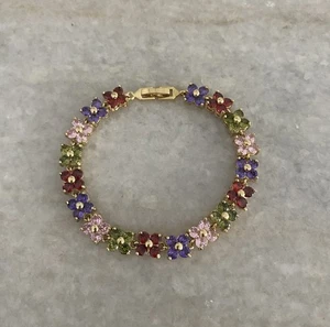 Beautiful Vintage Multicolored Crystal Flower Gold Tone Tennis Bracelet - Picture 1 of 8