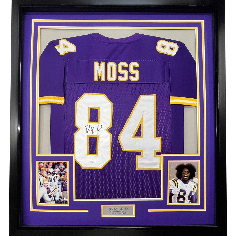 Camiseta deportiva enmarcada autografiada/firmada Randy Moss 33x42 Minnesota púrpura certificado de autenticidad JSA Foto 1 de 2