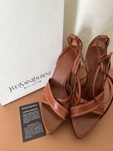 Yves Saint Laurent YSL Brown Leather Thick Wood Sole Size 37 Wedge heel 12cm - Picture 1 of 12