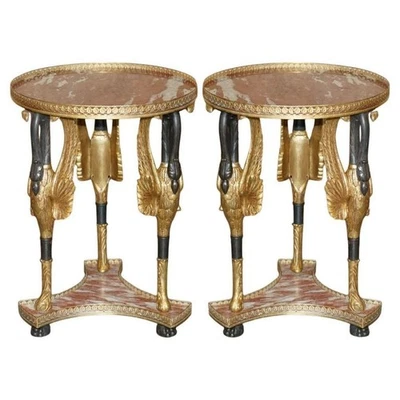 IMPORTANTE PAR DE MESAS GUERRIDON ANTIGUAS IMPERIO FRANCÉS LATÓN BRONCE Y MÁRMOL Foto 1 de 4