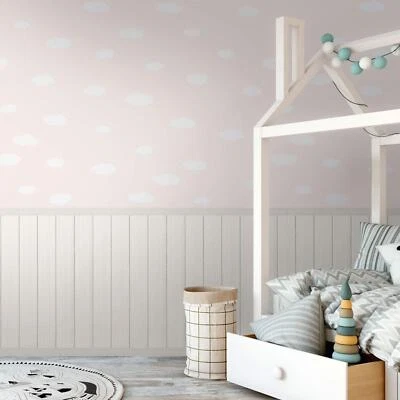 Papel pintado listones de madera y nubes 39816-3 rosa/blanco 2 en 1 vinilo para niños como creación Foto 1 de 4