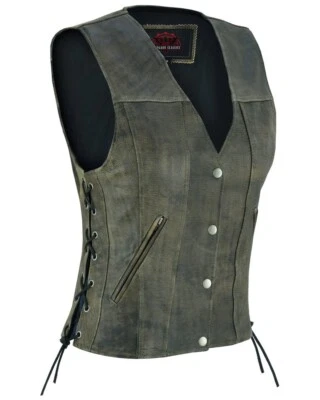 Women's Leather Biker Vest Antique Brown Single Back Panel Concealed Carry Vest - Image 1 of 4