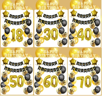 Schwarz Gold Geburtstag Deko Set, Girlande + Zahlen + Luftballons uvm - wählbar - Bild 1 von 2
