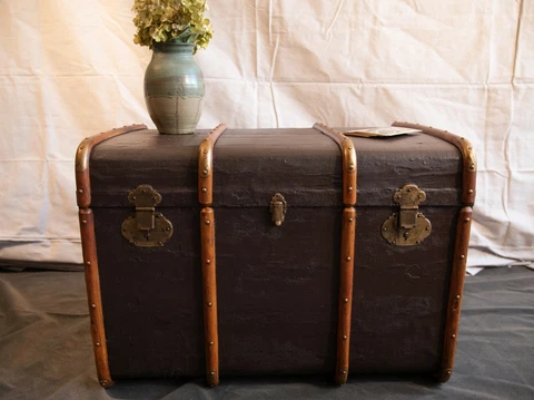 Antique Canvas and Wood Steamer Trunk with Brass Hardware. 1900s Refurbished Cover