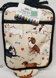 JUEGO DE 3 PIEZAS DE NEOPRENO DE COCINA: 1 GUANTE DE HORNO Y 2 SOPORTES PARA OLLAS, MUCHOS PERROS Y HUESOS por AM - Imagen 1 de 8