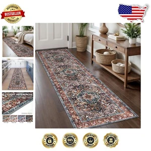 Elegant 2x8 Ft Stairway Runner Rug - Washable Boho Design in Brick Red/Green - Picture 1 of 10
