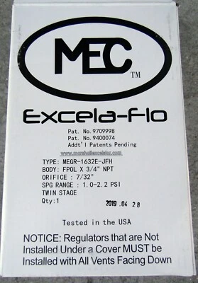 MARSHALL EXCELSIOR Exela-flo MEGR-1632E-JFH Propane Regulator 1-2.2 Psi Twin Stage F.POL 3/4" NPT