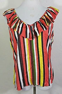 Gianni Bini Womens Tank Top Large Striped Multicolor Ruffle V Neck Zipper Shirt - Picture 1 of 5