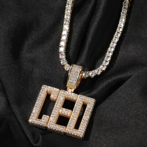 Collana Ciondolo Quadrato Lettere Nome Personalizzato Hip Hop A-Z Gioielli Vero Placcato Oro - Foto 1 di 13