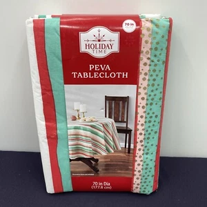 Holiday Time Christmas PEVA Tablecloth Green Red Stripe 70” Round - Picture 1 of 3