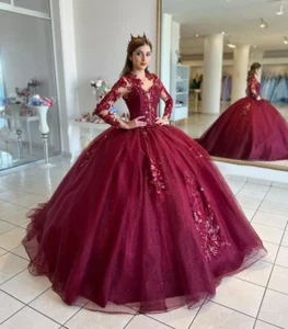 Burgundy Long Sleeves Quinceanera Dresses Applqiues Sweet 15 16 Prom Party - Picture 1 of 7