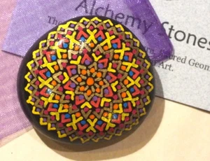 Hand Painted Alchemy Stone w. Red, Gold, Violet & Yellow Complex Mandala Design - Picture 1 of 5