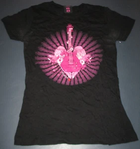 Girl Size Medium Short Sleeve Shirt Pink Guitar Decal Black Hard Rock - Picture 1 of 3