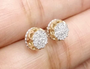  DEAL! 10K Yellow Gold Real Diamond Studs 6.40mm Men's 3D Pave Earrings 0.15 CTW - Picture 1 of 10