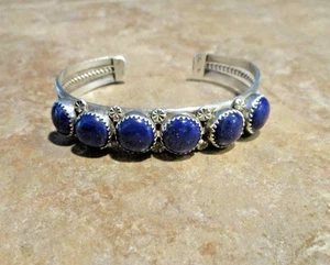 SPLENDID !! Vintage Navajo Sterling Silver SIX LAPIS LAZULI Design Bracelet - Picture 1 of 14