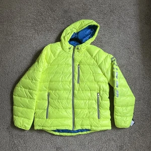 Guess Mens Puffer Jacket Coat XL Quilted Hooded Insulated Zip Neon Yellow $225 - Picture 1 of 5