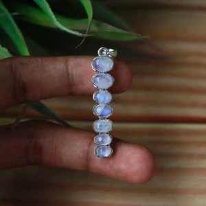 Blue Fire Moonstone Pendant, 7 Stone Pendant, Oval Shape Gemstone, Long Pendant, - Picture 1 of 8