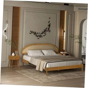 Gem Wooden Bed Frame with Headboard and Natural Rattan, Solid Oak/Rubber Wood - Picture 1 of 8