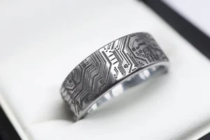 Silver Unisex Tungsten Special Embossed Detailed Circuit Board Wedding Ring- 8mm - Picture 1 of 3