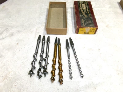 7 Dowel auger bits in Box. Irwin, Jennings, Greenlee  Sizes 8, 6 & 4  Excellent - Image 1 of 4