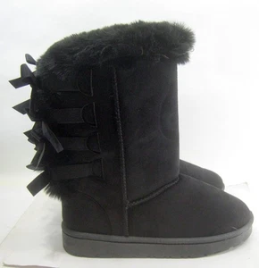 new ladies black Round Toe Winter Mid-Calf Boot back bows Women Size 7 - Picture 1 of 6