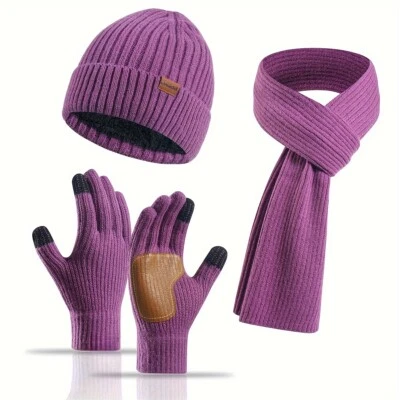 3PCS/Set Winter Beanie Scarf Gloves Set Knitted Warm Cap Friction Palm Gloves - Image 1 of 4