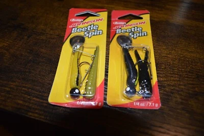 Lot 2 Johnson Beetle Spin 2 INCH 1/4 oz.  Black Yellow stripe/Yellow Black strip - Image 1 of 3