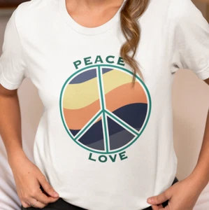 Retro Peace Sign Tee, Sunset Color Graphic T-Shirt, Hippie Peace Love Shirt - Picture 1 of 9