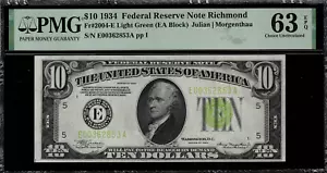 1934 $10 Federal Reserve Note Richmond FR.2004-E Light Green Seal - PMG 63 EPQ - Picture 1 of 2
