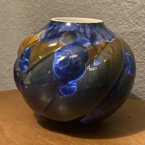 BILL CAMPBELL STUDIO ART POTTERY CRYSTALLINE LARGE URN / VASE BLUES BROWNS - Picture 1 of 13