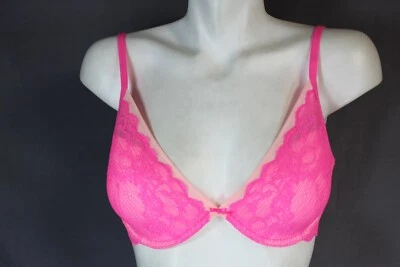 Betsey Johnson J3152 underwire Lined Pink Lace Plunge bra size 32D - Image 1 of 4