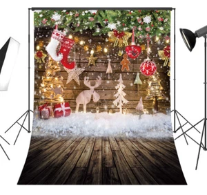 5X7FT Xmas Fireplace Rustic Wooden Wall Snow Photo Background Vinyl Backdrop - Picture 1 of 21