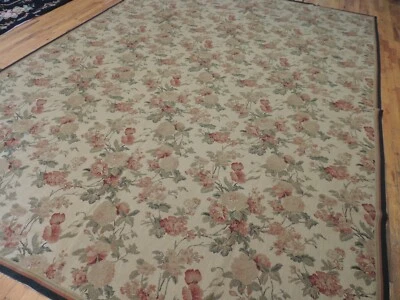 Alfombra francesa Aubusson 9x12 punta de aguja floral lana tejido plano beige verde óxido Foto 1 de 4