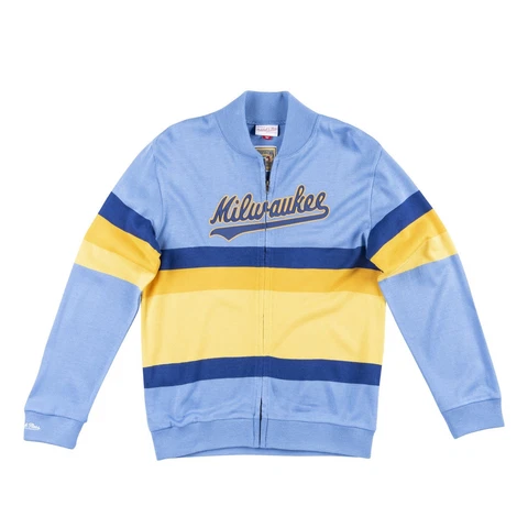 Mens Mitchell & Ness MLB Front Stripe Full Zip Sweater Milwaukee Brewers Cover