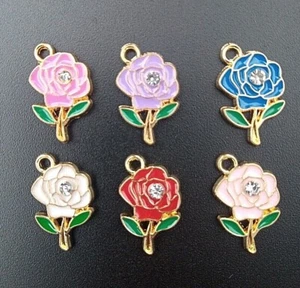 5 or 10 ENAMEL GOLD ROSE & RHINESTONE Red Pink White Purple Blue Charm Pendant - Picture 1 of 2