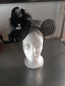 Disney Parks Houndstooth Minnie Mouse Ears Headband Net Hat Feathers Jewel Black - Picture 1 of 6