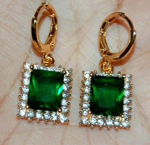 10K Yellow Gold Filled Earrings Hooks Huggies Hoops CZ Green Emerald Gemstones - Picture 1 of 6