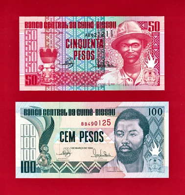 RARO SET 1990 BILLETES GUINEA BISSAU UNC: 50 PESOS (Pick-10), y 100 PESOS (Pick-11) Foto 1 de 2