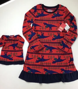 Christmas Pajamas Girls Size 7.  Matching Doll  Dinosaur Jammies Your Families - Picture 1 of 8
