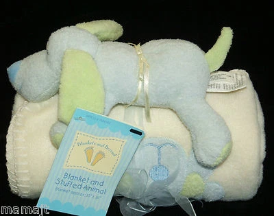 Blankets and Beyond Cream Baby Blanket Blue Green Puppy Dog Toy Plush NEW - Image 1 of 2