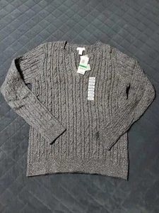 Neu mit Etikett silberfarben/grau metallic Zopfmuster Pullover L Damen V-Ausschnitt Charter Club Party - Bild 1 von 9