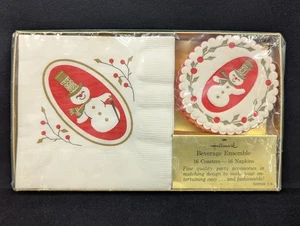 Vintage Hallmark Getränkeensemble neu aus altem Lagerbestand 16 Untersetzer Servietten Schneemann Zylinder Hut versiegelt - Bild 1 von 4
