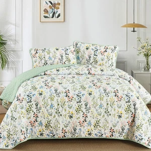 Floral Quilt Set King Size,3 Pieces Green Flower Parrten Bedspread Coverlet,G... - Picture 1 of 7